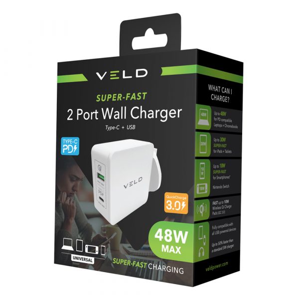 Veld Super-Fast 48W Charger | 2 Port | QC | USB-C | VC48DG