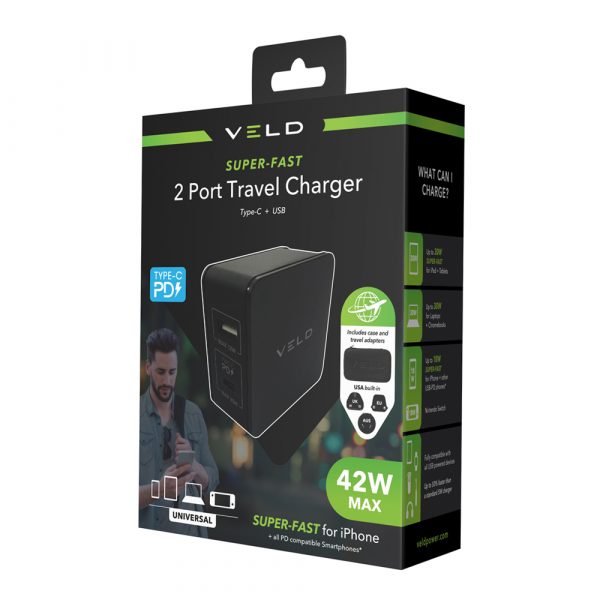Veld Super-Fast 42W Travel Charger | 2 Port | QC | USB-C | VT42FB