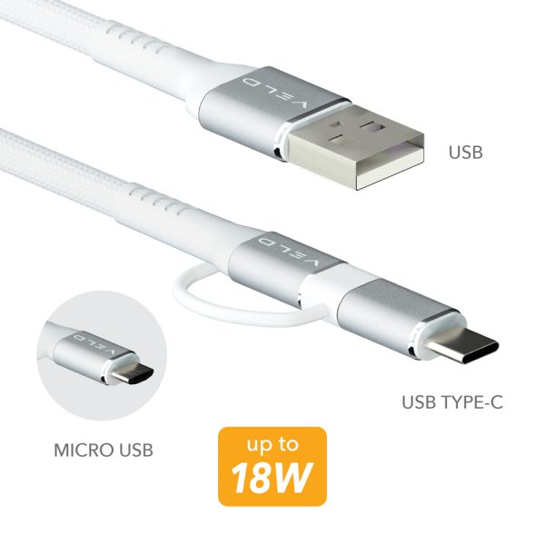 Veld Super-Fast Charge Lead USB to USB-C & Micro 1Mtr VUCM1 1