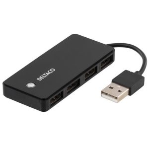 DELTACO USB 2.0 hub, 4x type A female, black A USB hub in a practical format. Equipped with LED indicator that shows when the hub is connected to a device. • 4 ports • Compatible with Windows XP, Vista, 7, 8 and Mac OS X 10.0 or later • Plug and play • Cable length 5 cm Dimensions (WxDxH): 73 x 33 x 10 mm